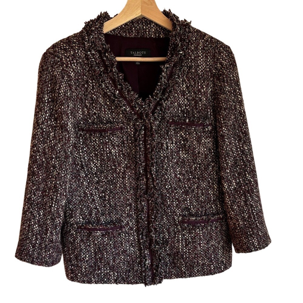 Talbots Tweed Fringe Jacket Size 8 Puple Gray White Classic Fit